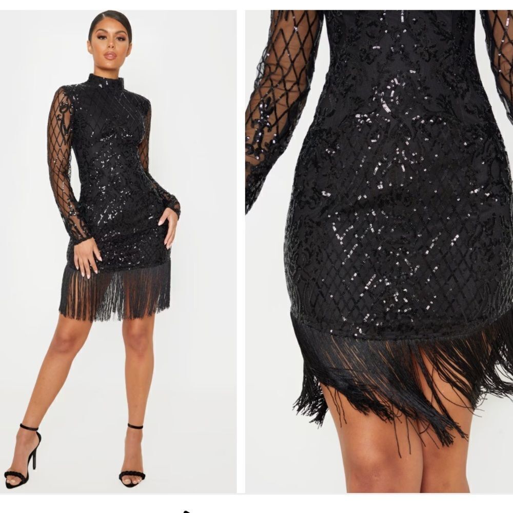 PrettyLittleThing Black Long Sleeve Sequin Tassel Hem Bodycon Dress Size 2 - Picture 3 of 8